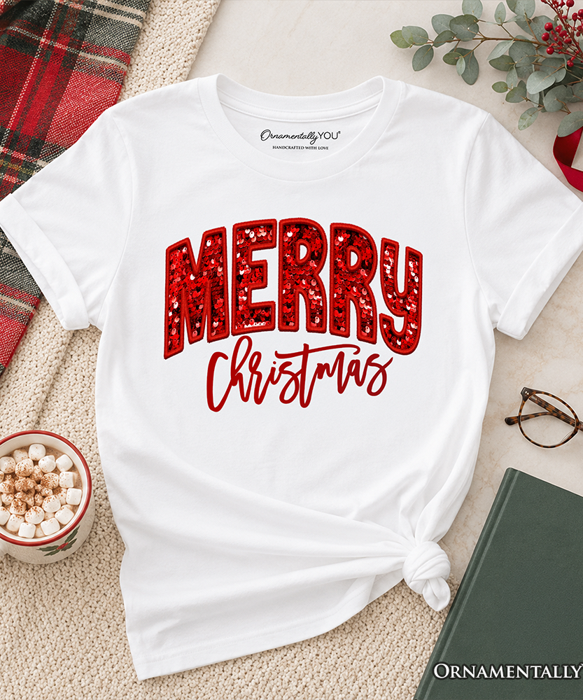 Kids Merry Christmas Sequin T-Shirt, Bold Red Glitter Youth Tee for Festive Holiday Season