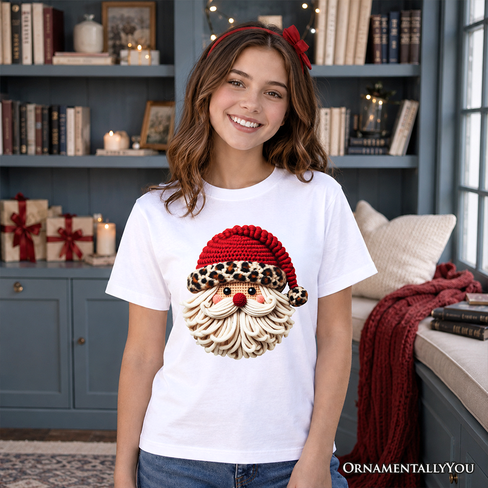 Kids Santa Leopard Hat Christmas T-Shirt, Imitation Latch Hook Yarn Cozy Youth Tee - Grazingbelles