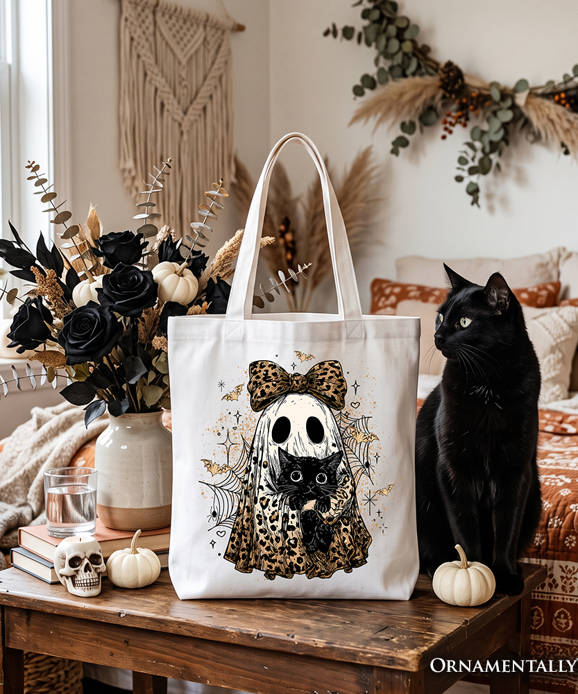 Leopard Bow Ghost with Black Cat Tote Bag, Spooky Halloween Spider Web Gift Shopper - Grazingbelles