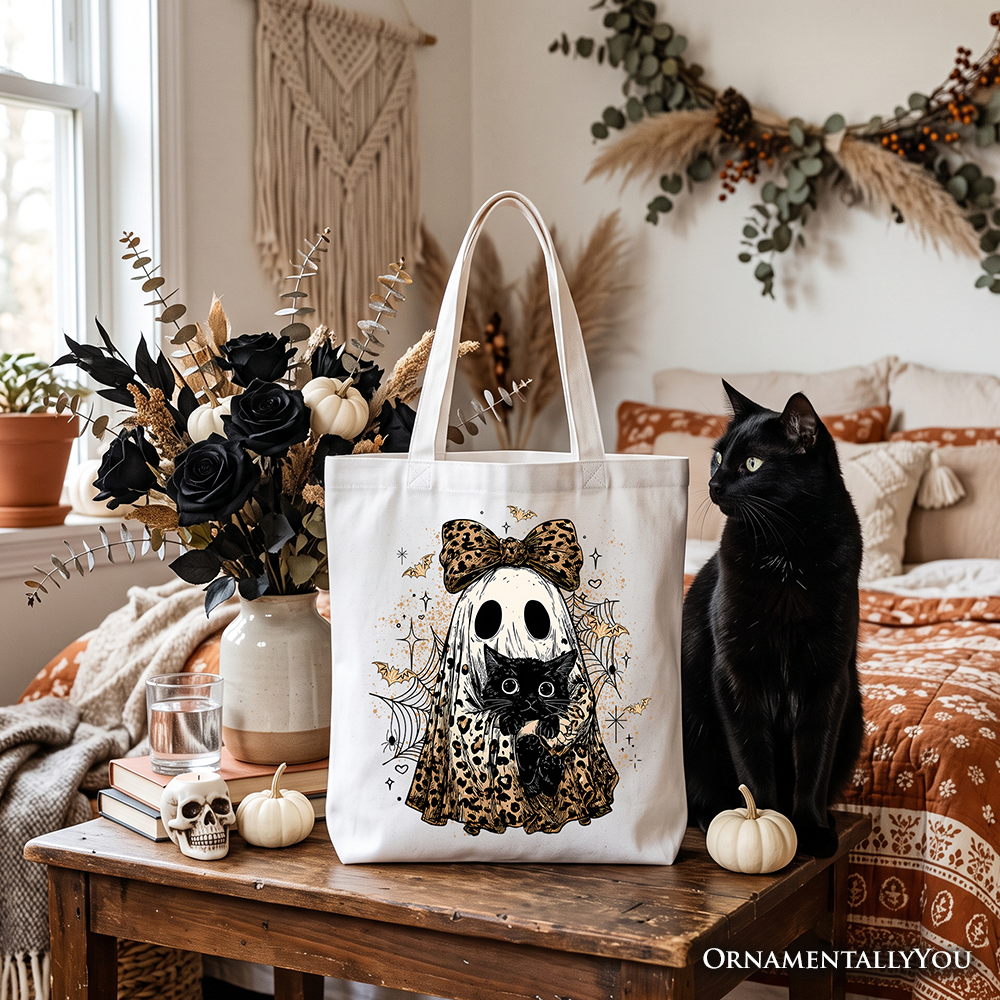 Leopard Bow Ghost with Black Cat Tote Bag, Spooky Halloween Spider Web Gift Shopper - Grazingbelles