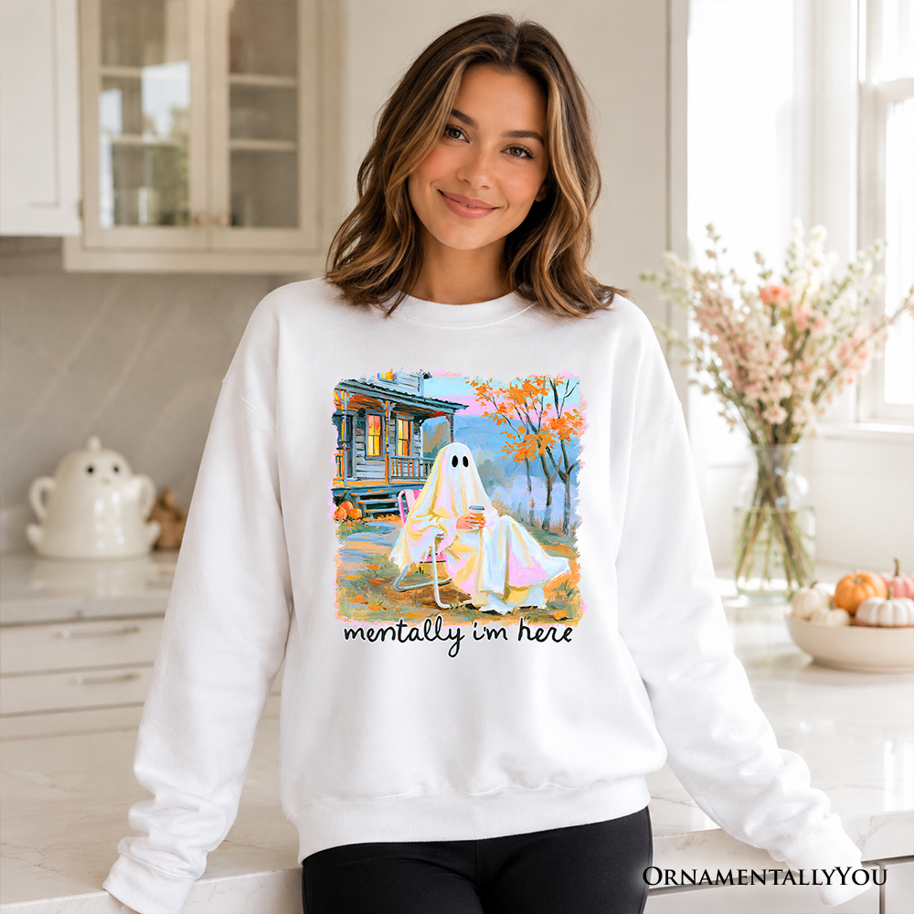 Mentally I'm Here Ghost Sweatshirt, Cozy Fall Halloween Cabin Sweater - Grazingbelles