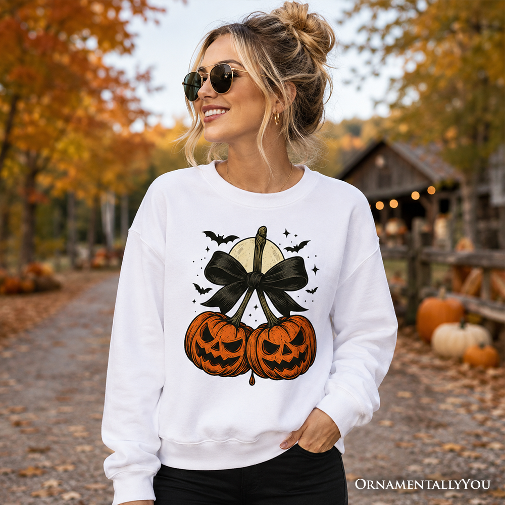 Pumpkin Cherries Coquette Bow Sweatshirt, Retro Halloween Fall Season Sweater for Sweet Autumn Girls - Grazingbelles
