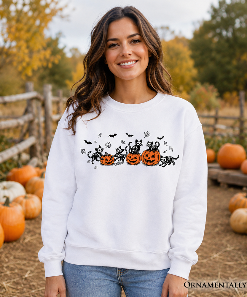 Skeleton Cats and Pumpkins Sweatshirt, Spooky Halloween Black Cat Sweater