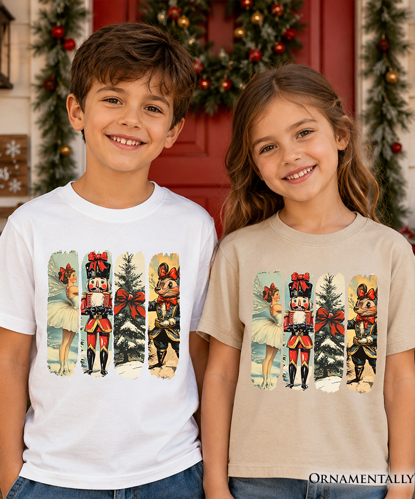 Kids Ballet and Nutcracker Christmas T-Shirt, Coquette Bow and Mouse Youth Vintage Holiday Tee