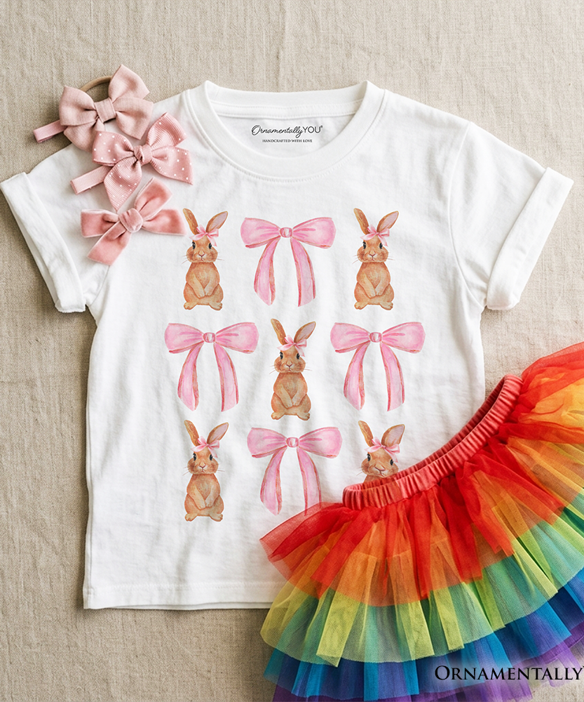 Kids Coquette Bunny Pink Bow Easter T-Shirt, Cute Girly Bunny Spring Tee for Youth - Grazingbelles
