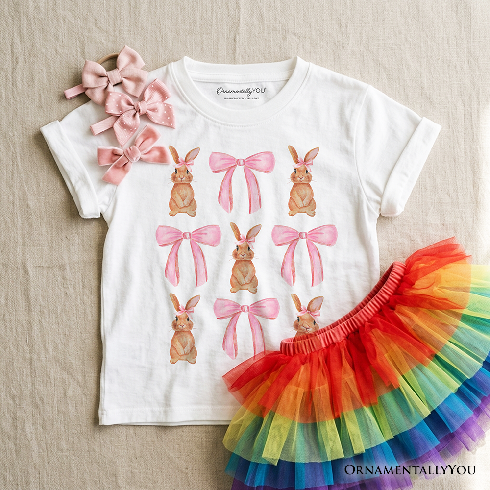 Kids Coquette Bunny Pink Bow Easter T-Shirt, Cute Girly Bunny Spring Tee for Youth - Grazingbelles