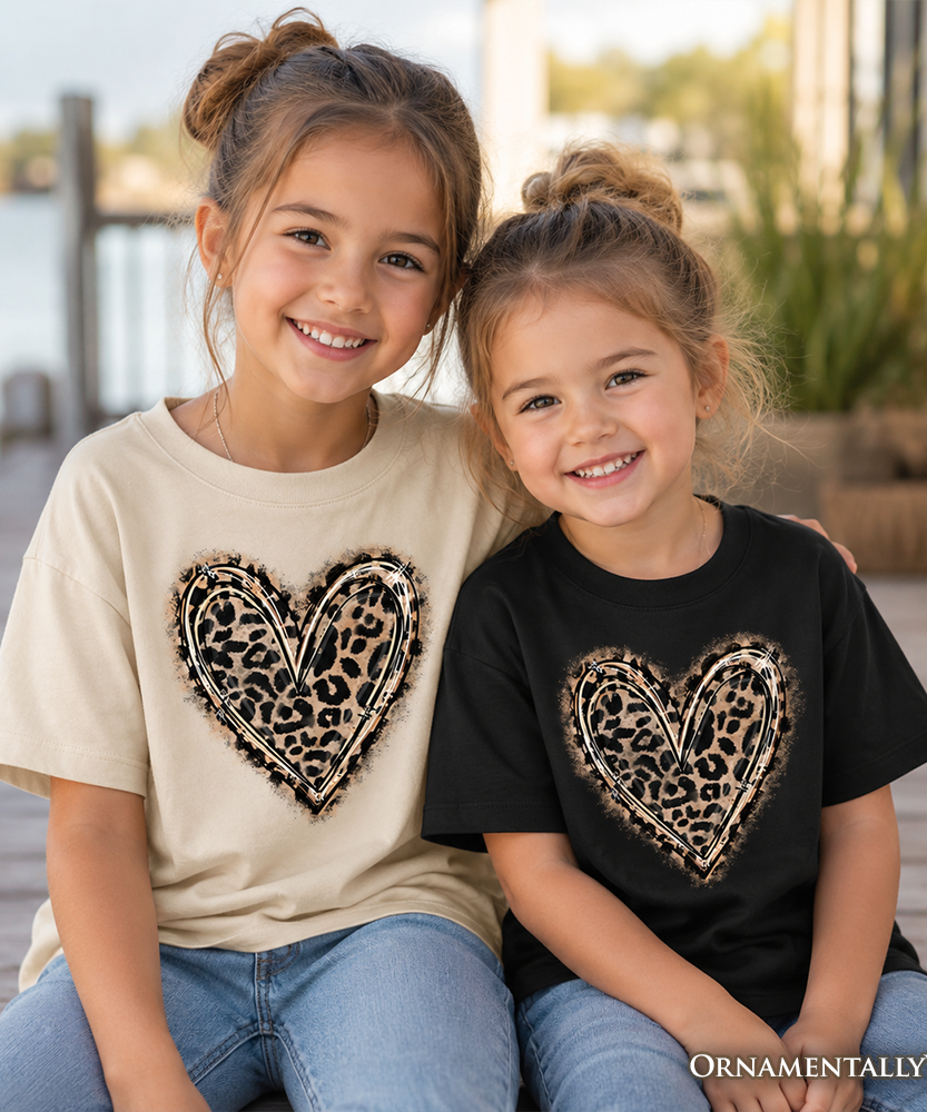 Kids Leopard Heart Valentine T-Shirt, Watercolor Love Tee for Youth
