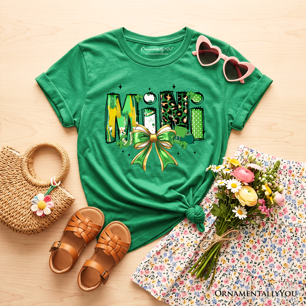 Kids Mini Clover Bow St Patrick's Day T-Shirt, Coquette Lucky Shamrock Clover Tee for Youth - Grazingbelles