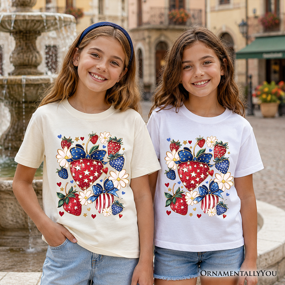 Kids Patriotic Boho Strawberries Bouquet T-Shirt, Youth 4th of July Festive Patch Tee - Grazingbelles