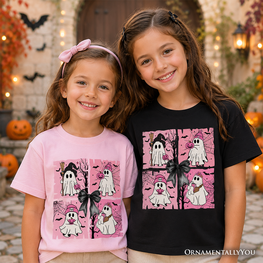 Kids Pink Halloween Ghost T-Shirt, Coquette Spooky Season Tee for Youth - Grazingbelles