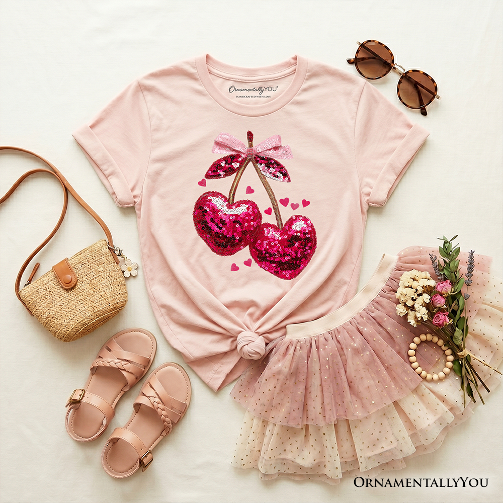 Kids Sequin Pink Cherry Heart Valentine T-Shirt, Mood for Love Coquette Tee for Youth Girls - Grazingbelles