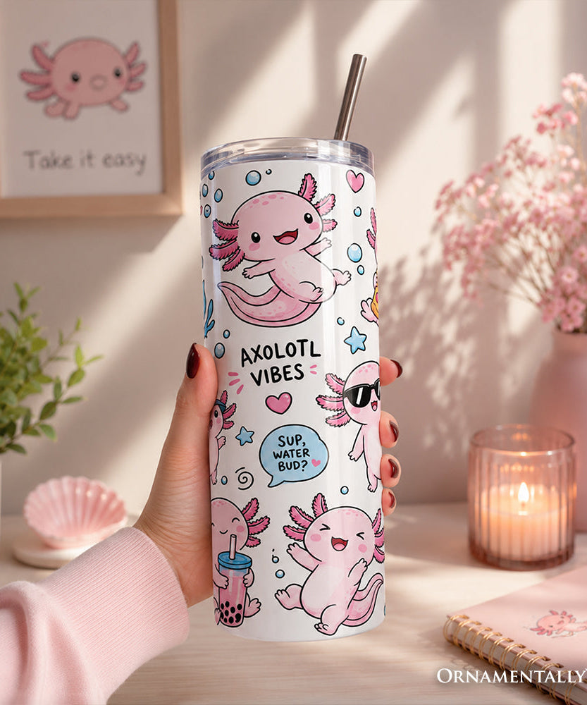 Pink Axolotl Vibe 20oz Personalized Tumbler With Lid and Stainless Steel Straw, Sea Animal Pattern Gift Cup - Grazingbelles