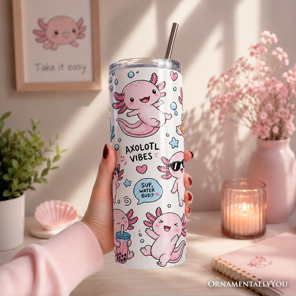 Pink Axolotl Vibe 20oz Personalized Tumbler With Lid and Stainless Steel Straw, Sea Animal Pattern Gift Cup - Grazingbelles