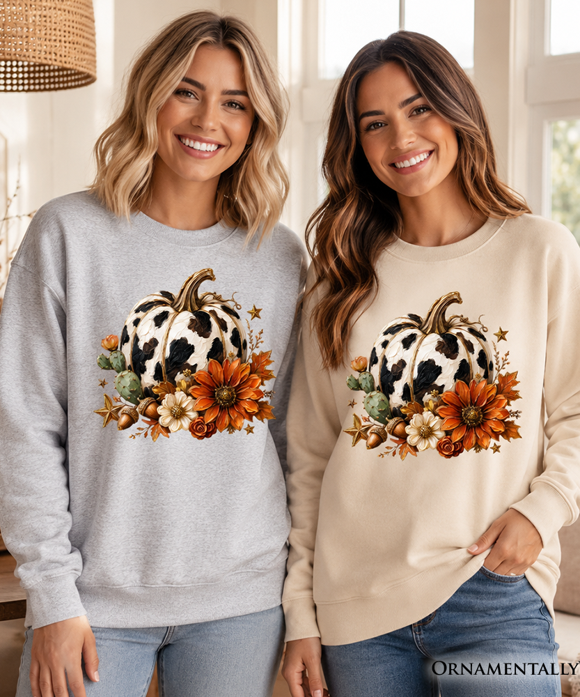 Cow Pumpkin Floral Sweatshirt, Western Autumn Harvest Sweater - Grazingbelles