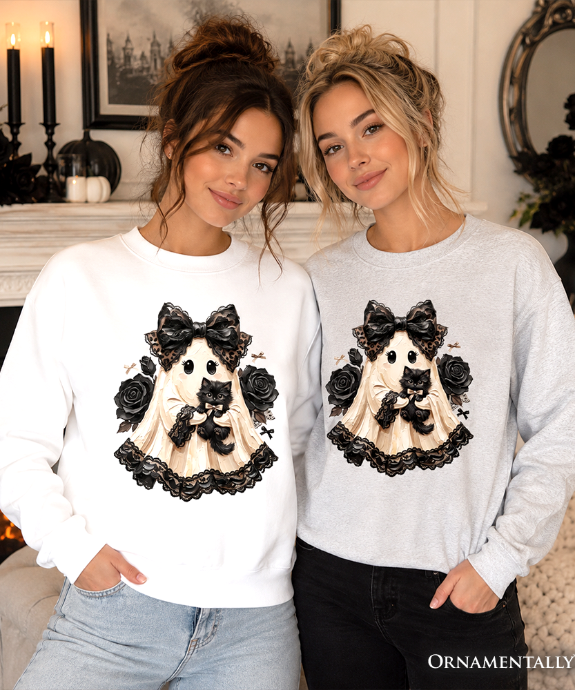 Gothic Ghost with Black Cat Sweatshirt, Black Rose Coquette Halloween Sweater - Grazingbelles