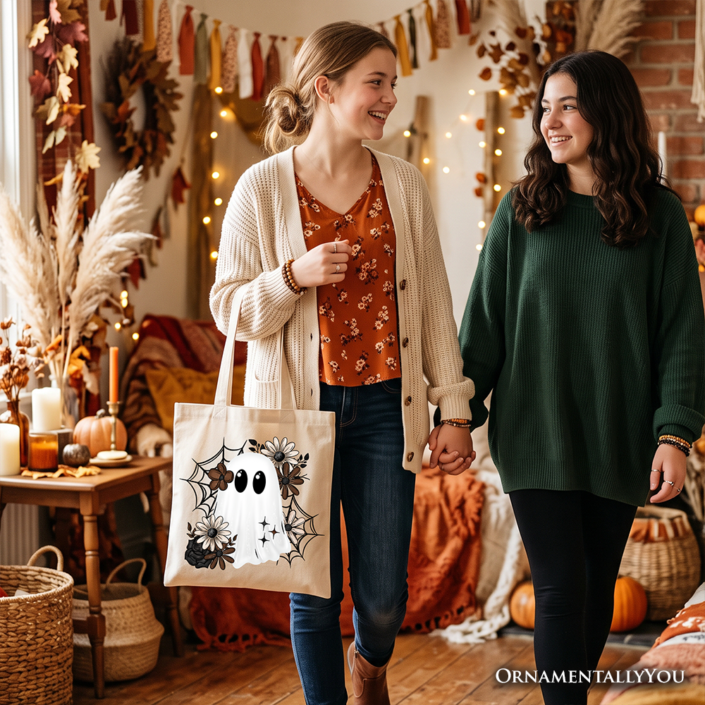 Floral Ghost Tote Bag, Neutral Boho Halloween Spider Web Gift Shopper - Grazingbelles