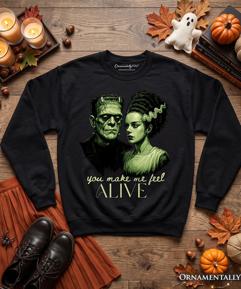 Frankenstein And Bride You Make Me Feel Alive Sweatshirt, Valentine Retro Horror Couples Love Sweater - Grazingbelles