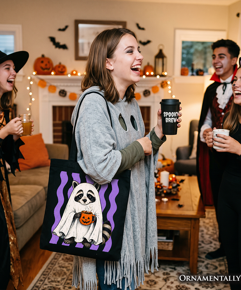 Ghost Costume Raccoon Tote Bag, Halloween Pumpkin Coffee Mug Gift Shopper - Grazingbelles
