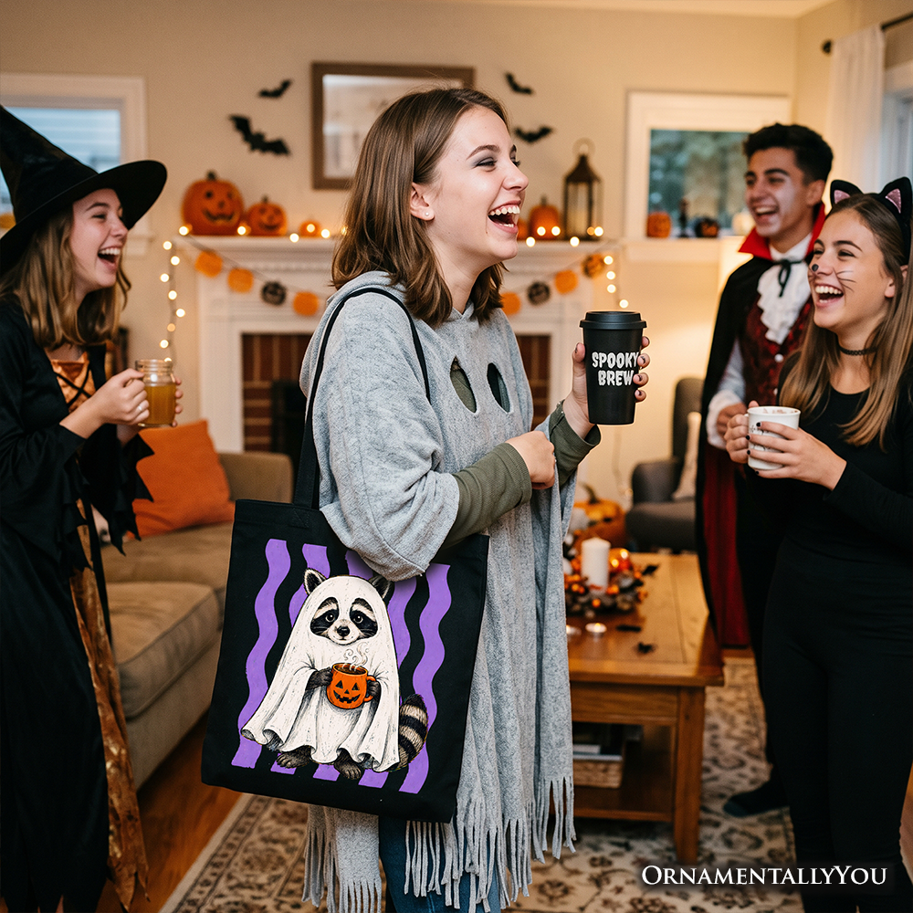 Ghost Costume Raccoon Tote Bag, Halloween Pumpkin Coffee Mug Gift Shopper - Grazingbelles