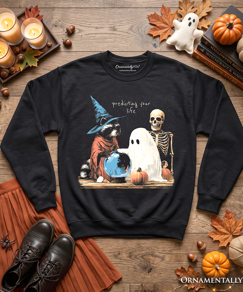 Predicting Your Life Witch Racoon Sweatshirt, Vintage Halloween Ghost Skeleton Fortune Teller Sweater - Grazingbelles