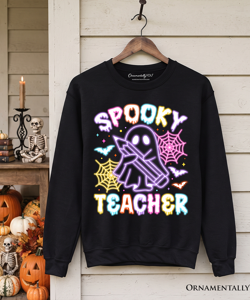 Spooky Teacher Neon Ghost Sweatshirt, Retro Halloween Sweater for Educators - Grazingbelles