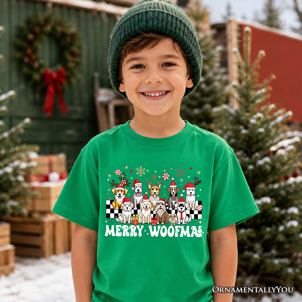 Kids Merry Woofmas Dog T-Shirt, Dogs With Santa Hats Christmas Youth Tee - Grazingbelles