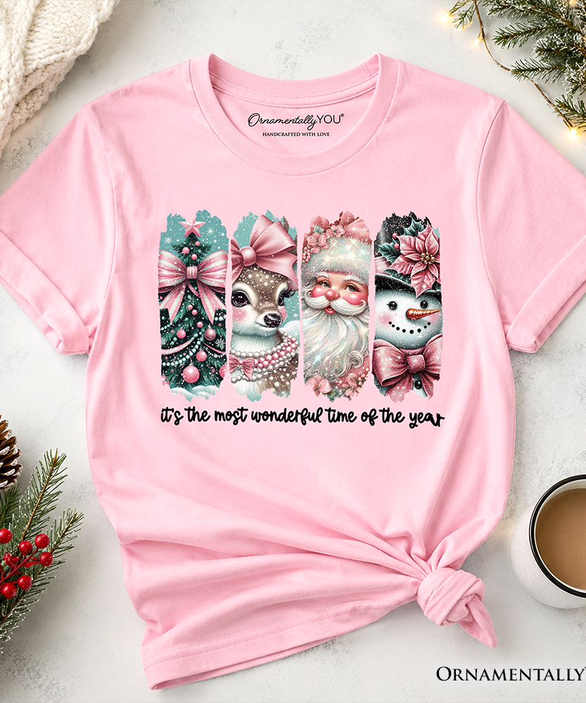 Kids Coquette Pink Christmas T-Shirt, It's The Most Wonderful Time Of The Year Vintage Tree, Reindeer, Santa and Snowman Youth Tee