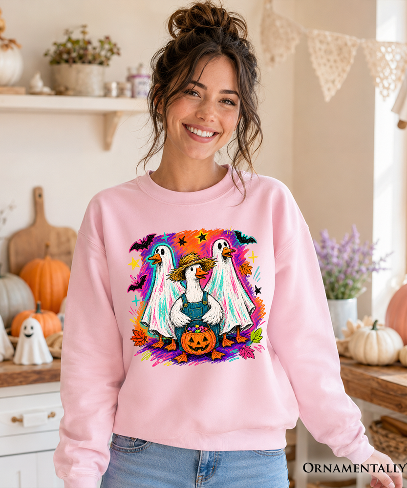 Trick or Treat Geese Sweatshirt, Colorful Halloween Ghost Costume Sweater