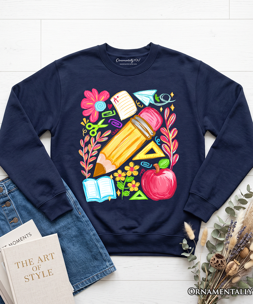 Floral Teacher Pencil Sweatshirt, Colorful Back to School Sweater