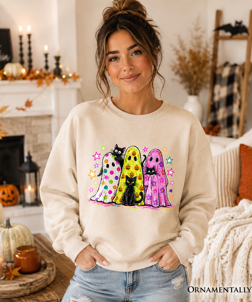 Colorful Ghosts and Black Cats Sweatshirt, Neon Halloween Spooky Season Sweater