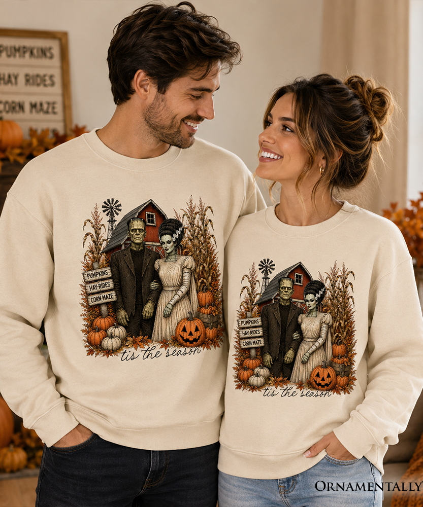 Frankenstein Couple Pumpkin Patch Sweatshirt, Vintage Halloween Fall Festival Sweater - Grazingbelles