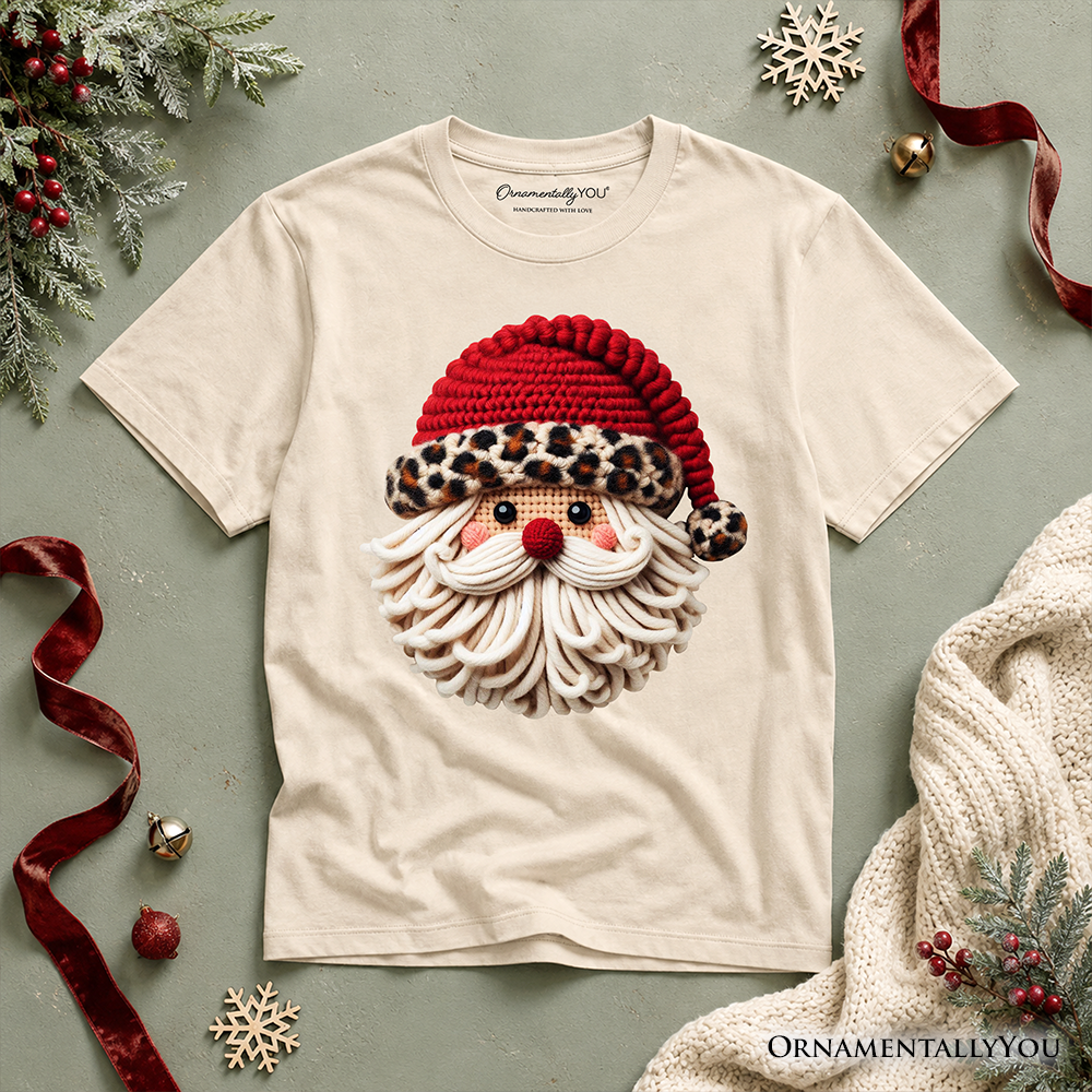 Kids Santa Leopard Hat Christmas T-Shirt, Imitation Latch Hook Yarn Cozy Youth Tee - Grazingbelles