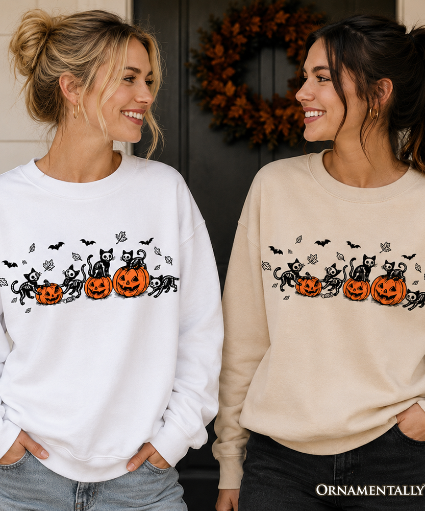 Skeleton Cats and Pumpkins Sweatshirt, Spooky Halloween Black Cat Sweater