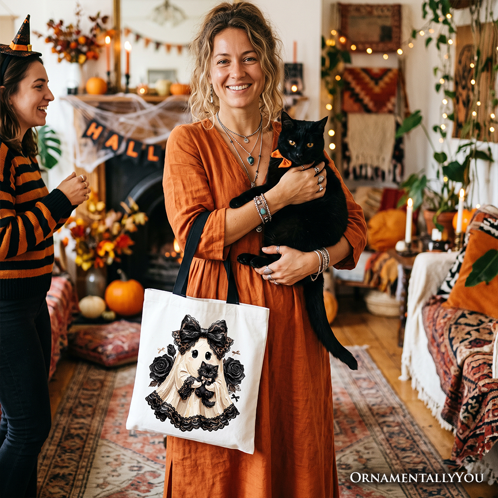 Gothic Ghost with Black Cat Tote Bag, Black Rose Coquette Halloween Gift Shopper - Grazingbelles