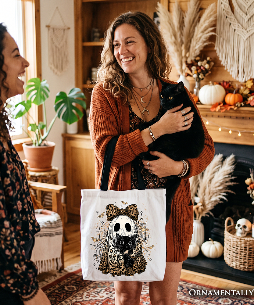 Leopard Bow Ghost with Black Cat Tote Bag, Spooky Halloween Spider Web Gift Shopper - Grazingbelles