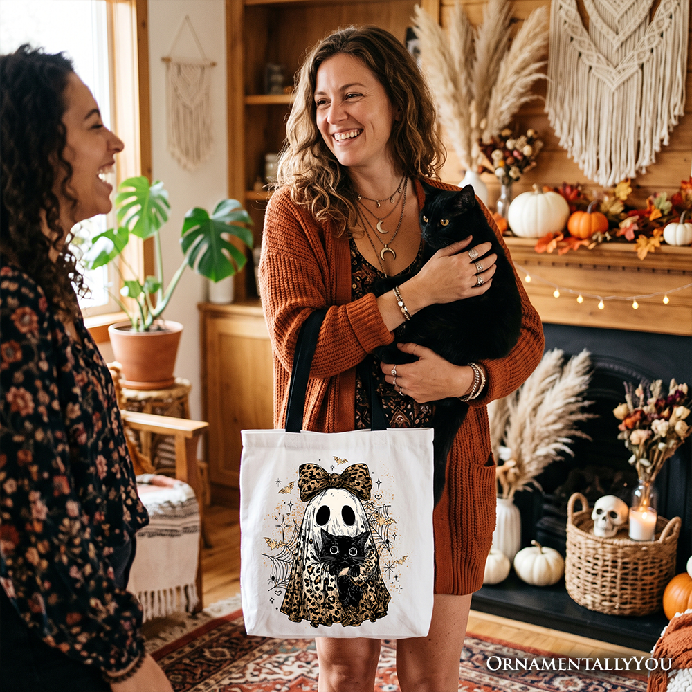 Leopard Bow Ghost with Black Cat Tote Bag, Spooky Halloween Spider Web Gift Shopper - Grazingbelles