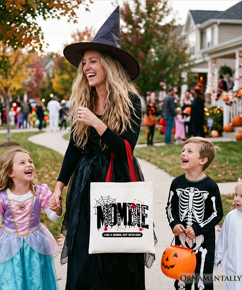 Mombie Like a Zombie But With Kids Tote Bag, Funny Halloween Mom Horror Gift Shopper - Grazingbelles