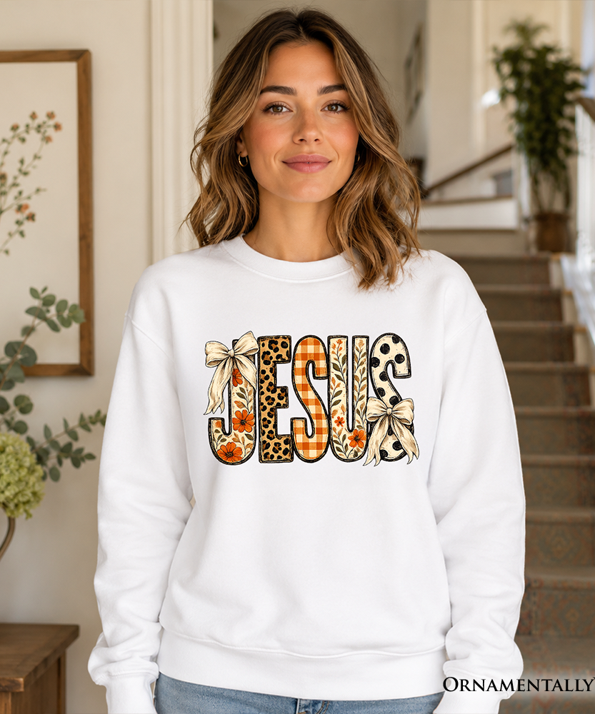 Jesus Coquette Fall Sweatshirt, Leopard Plaid Floral Christian Faith Sweater - Grazingbelles