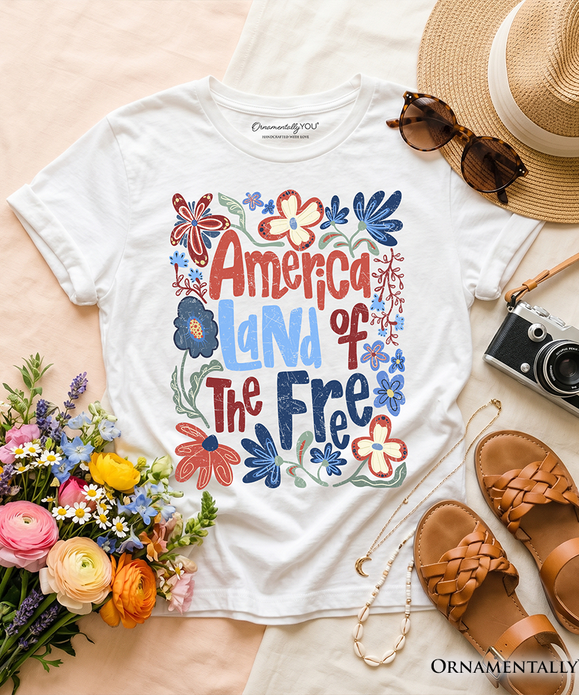 Kids America Land of the Free T-Shirt, Retro Youth Floral Independence Day Tee