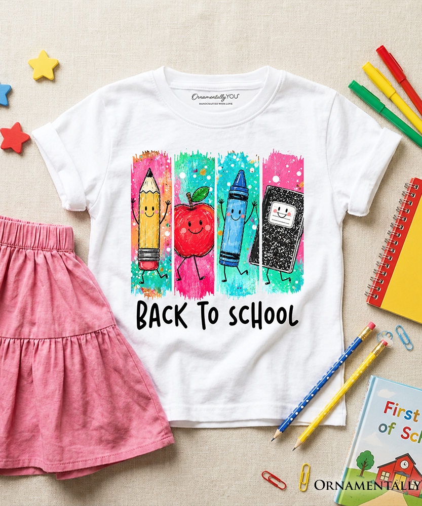 Kids Brushstroke Back to School T-Shirt, Apple Pencil Notebook Youth Tee for Student - Grazingbelles