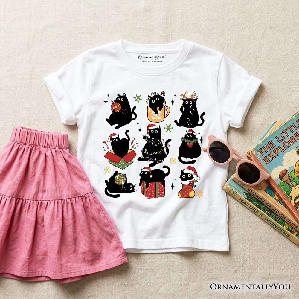 Kids Christmas Black Cats T-Shirt, Whimsical Cats with Santa Hat Youth Tee - Grazingbelles