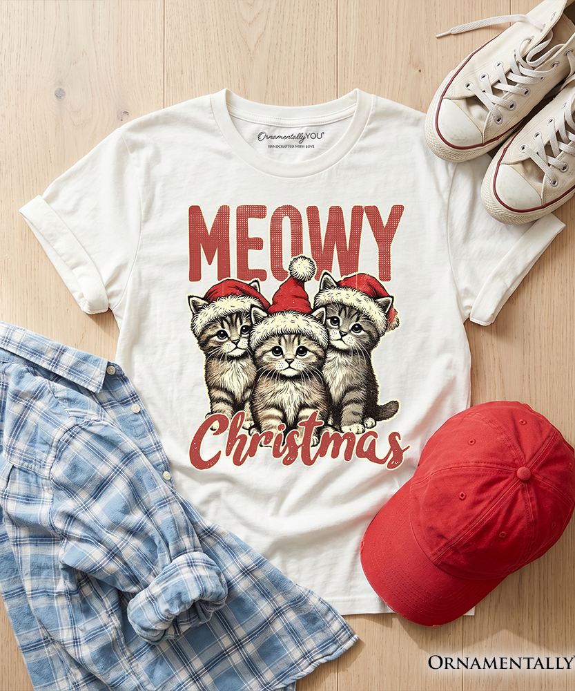 Kids Cute Meowy Christmas T-Shirt, Baby Cat In Santa Hat Holiday Youth Tee