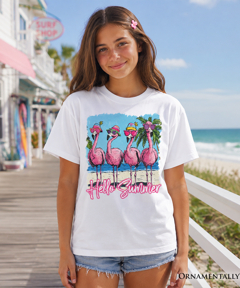 Kids Flamingo Hello Summer T-Shirt, Tropical Beach Vacation Youth Tee - Grazingbelles