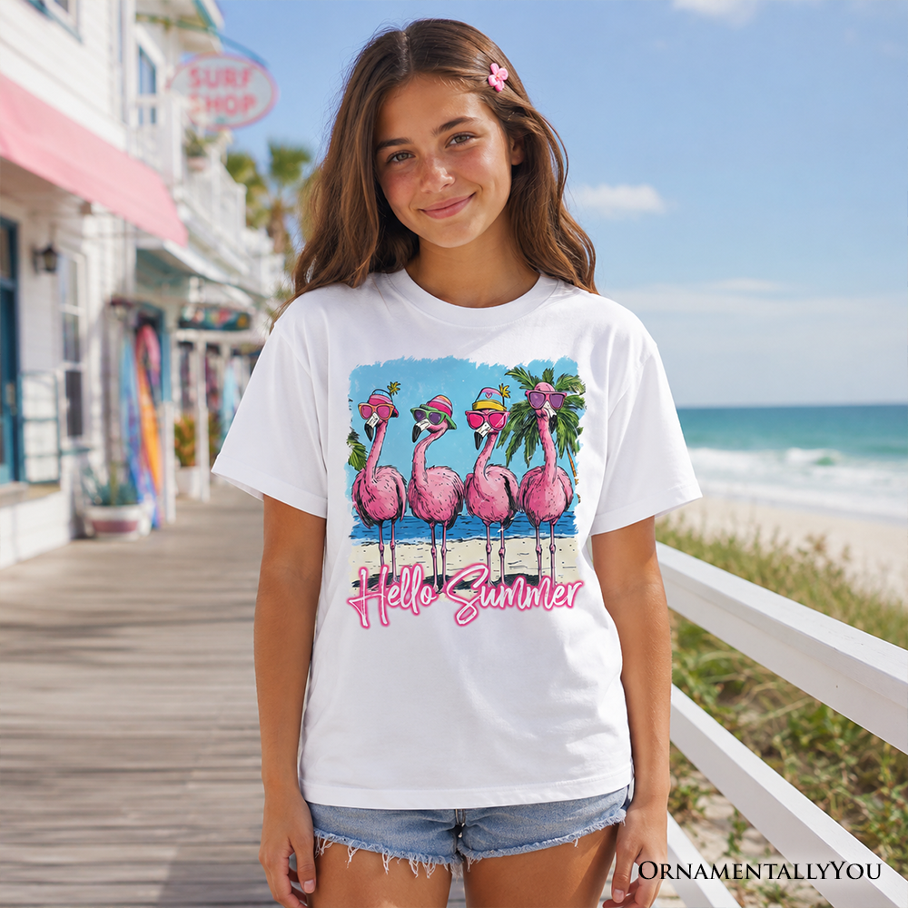 Kids Flamingo Hello Summer T-Shirt, Tropical Beach Vacation Youth Tee - Grazingbelles