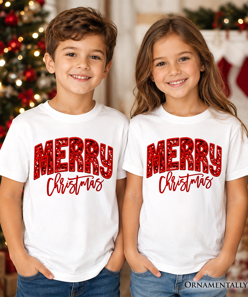 Kids Merry Christmas Sequin T-Shirt, Bold Red Glitter Youth Tee for Festive Holiday Season