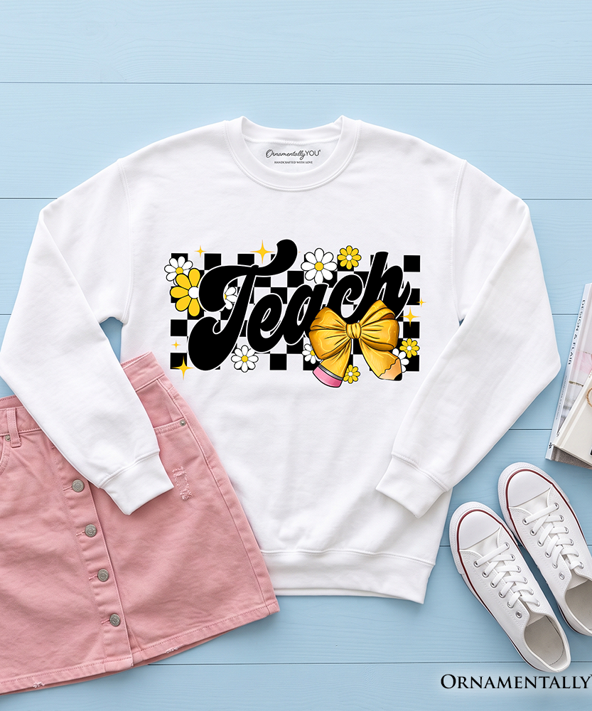 Teach Checkered Coquette Bow Sweatshirt, Retro Sweater for Trendy Teachers - Grazingbelles