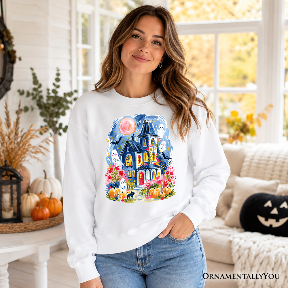 Watercolor Haunted House Sweatshirt, Colorful Ghost Pumpkin Halloween Sweater - Grazingbelles