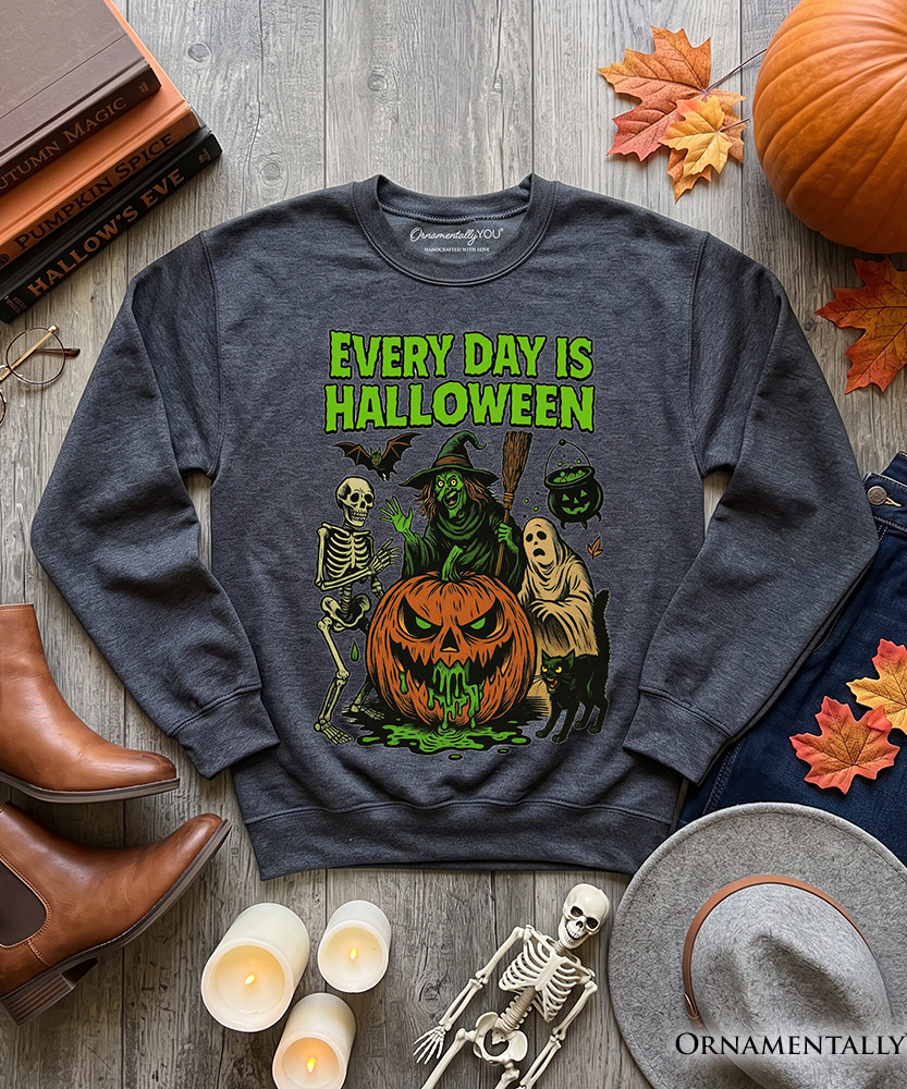 Every Day Is Halloween Sweatshirt, Vintage Pumpkin Witch Spooky Sweater for Eternal Spook Enthusiasts - Grazingbelles