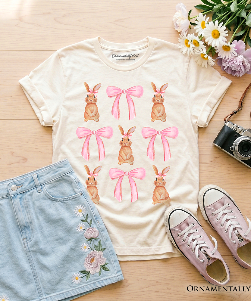 Kids Coquette Bunny Pink Bow Easter T-Shirt, Cute Girly Bunny Spring Tee for Youth - Grazingbelles