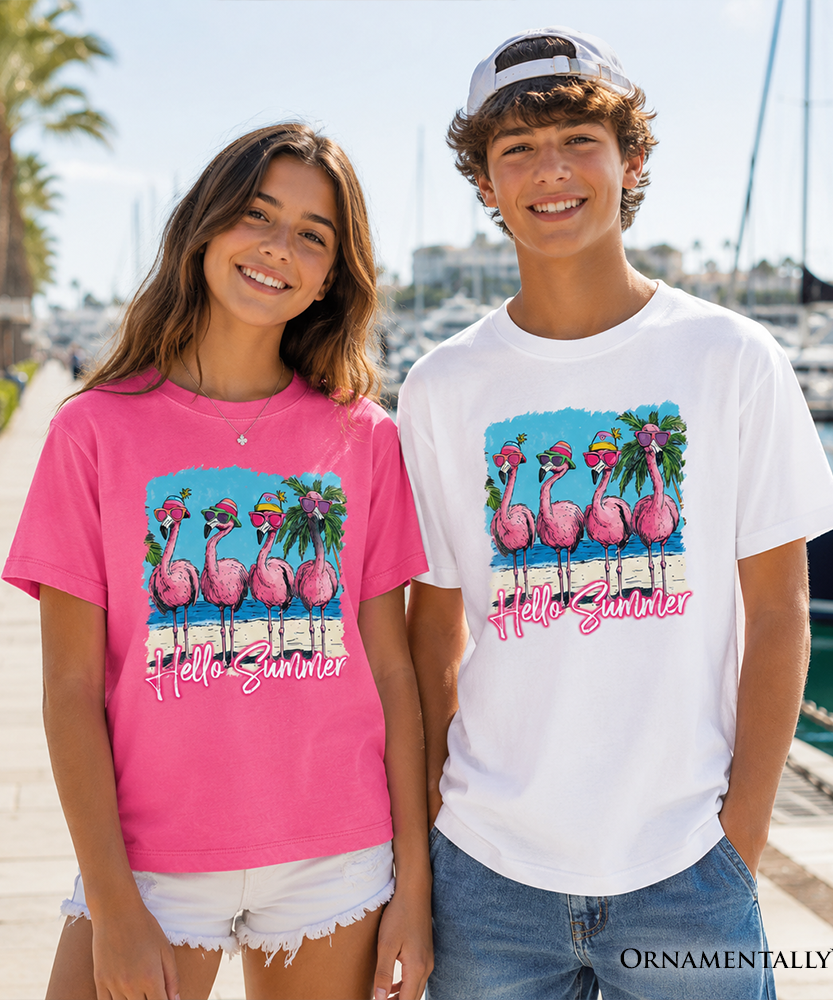 Kids Flamingo Hello Summer T-Shirt, Tropical Beach Vacation Youth Tee - Grazingbelles